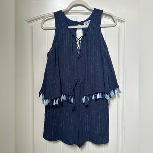 THML Blue Sleeveless Tie Front Sleeveless Romper w/ Pockets & Fringe, Size M